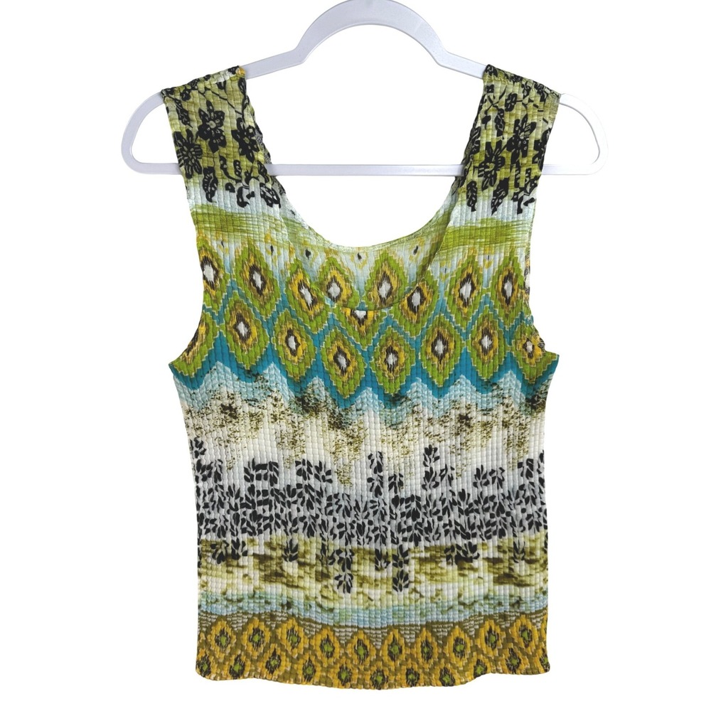 Nicola Womens Plisse Tank Top Lime Green Turquoise Ikat Floral Scoop Neck Large